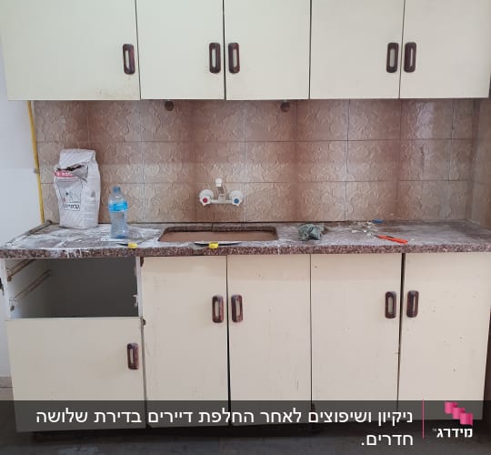 ארון מטבח עם חומרי ניקוי ומטלית על השיש